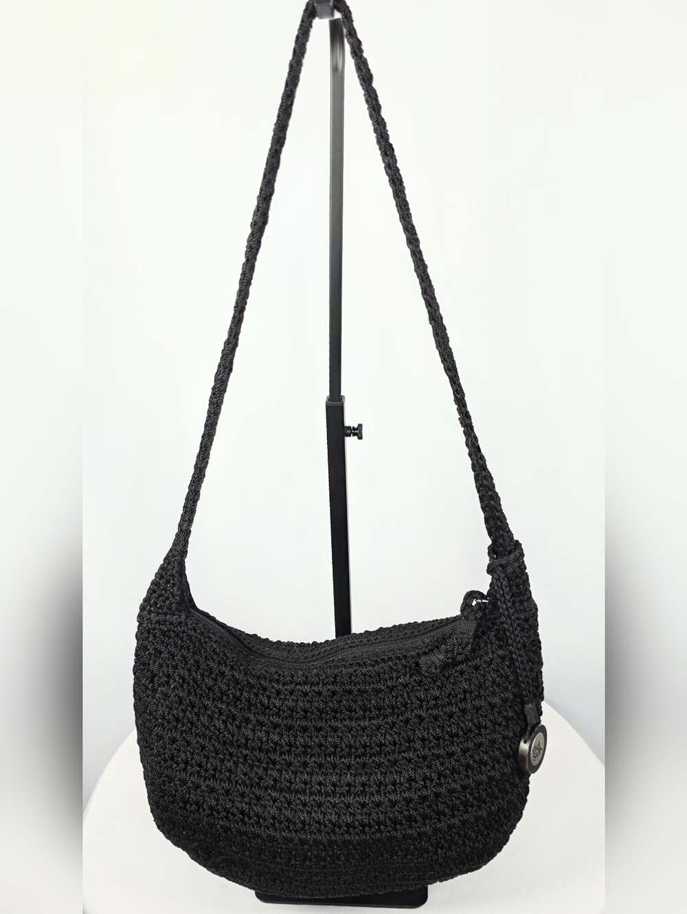 The Sak Black Crochet Shoulder Bag Boho Slouch Hobo EUC